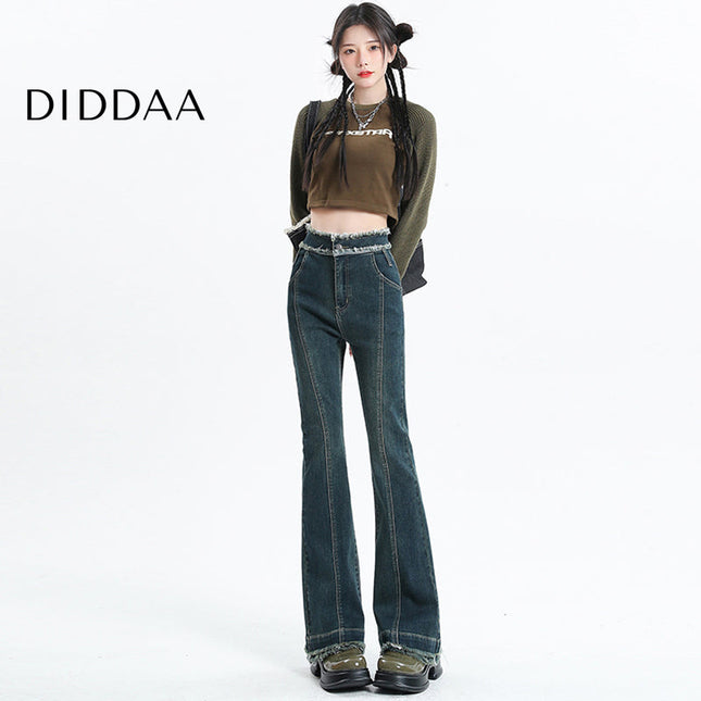 Vintage Blue Raw Edge Micro Flared Jeans for Women - Women’s Jeans