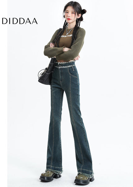 Vintage Blue Raw Edge Micro Flared Jeans for Women - Women’s Jeans