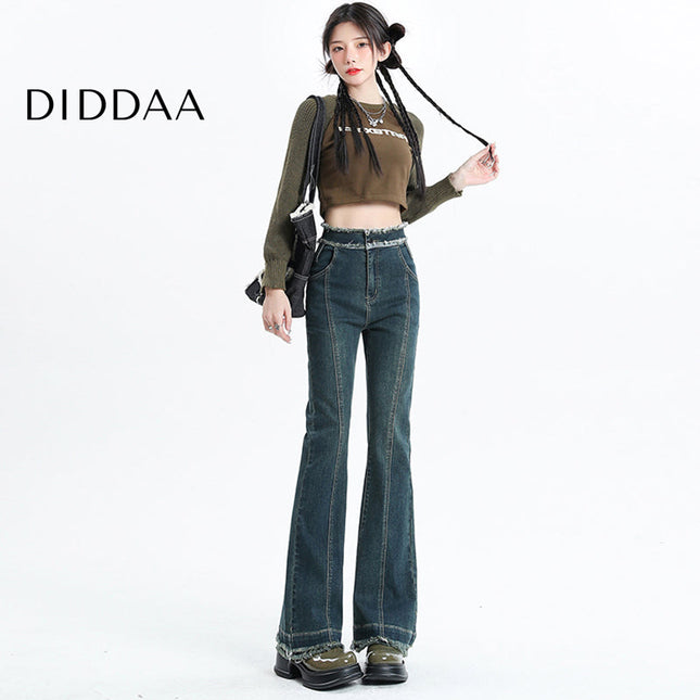 Vintage Blue Raw Edge Micro Flared Jeans for Women - XS / Dark Blue - Women’s Jeans