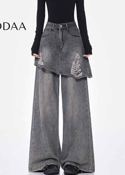 Vintage Blue Ripped Straight Mop Jeans Female Hottie - S / Grey - Women’s Jeans
