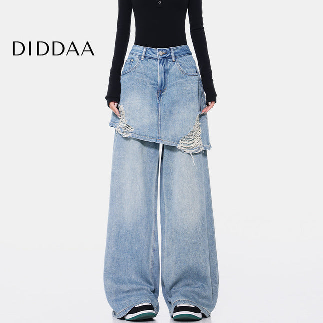 Vintage Blue Ripped Straight Mop Jeans Female Hottie - S / Light Blue - Women’s Jeans