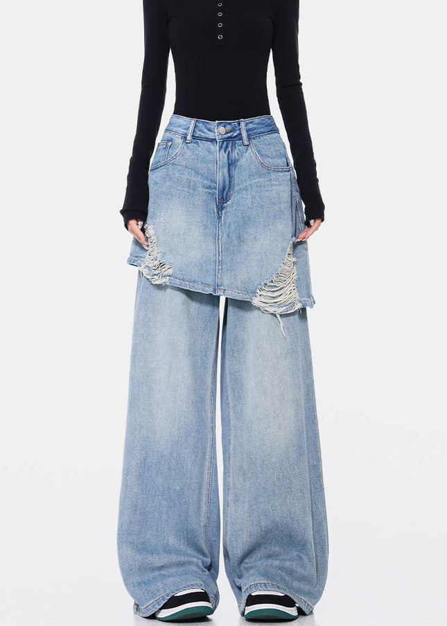 Vintage Blue Ripped Straight Mop Jeans Female Hottie - Women’s Jeans