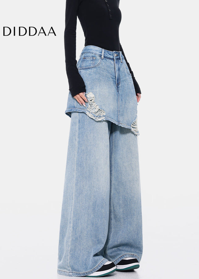 Vintage Blue Ripped Straight Mop Jeans Female Hottie - Women’s Jeans