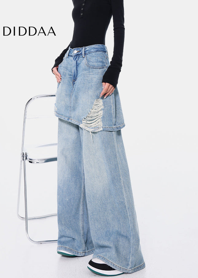 Vintage Blue Ripped Straight Mop Jeans Female Hottie - Women’s Jeans