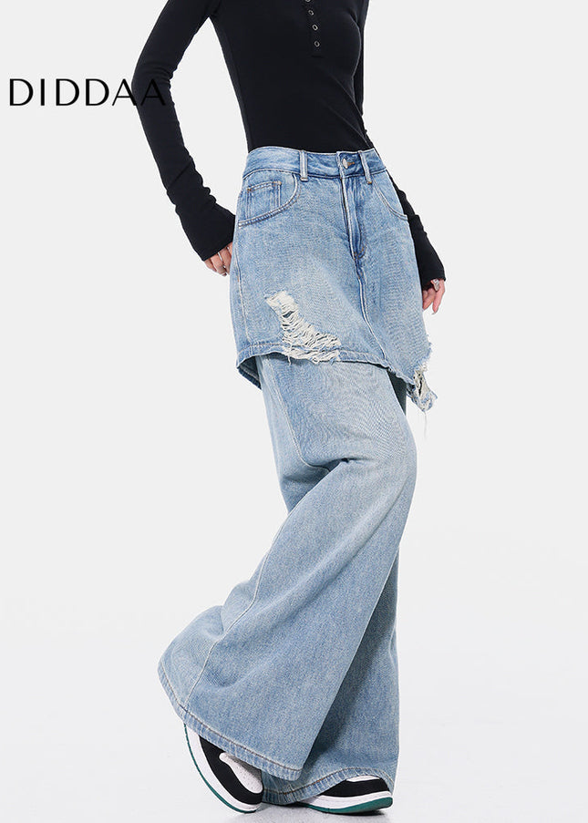 Vintage Blue Ripped Straight Mop Jeans Female Hottie - Women’s Jeans