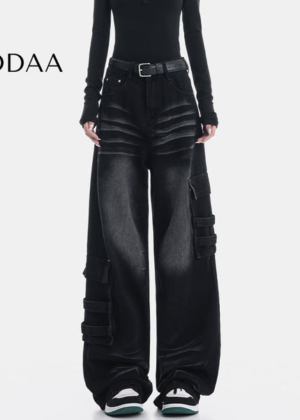 Vintage Blue Washed Multi-Pocket Cargo Jeans - S / Black - Women’s Jeans