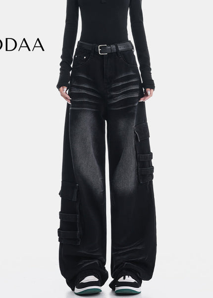 Vintage Blue Washed Multi-Pocket Cargo Jeans - S / Black - Women’s Jeans