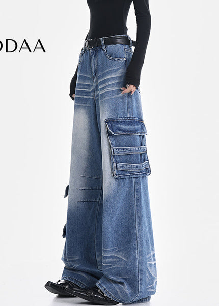 Vintage Blue Washed Multi-Pocket Cargo Jeans - S / Mid Blue - Women’s Jeans