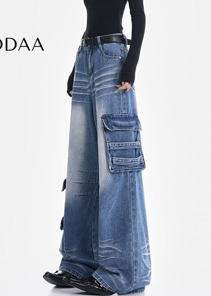 Vintage Blue Washed Multi-Pocket Cargo Jeans - S / Mid Blue - Women’s Jeans