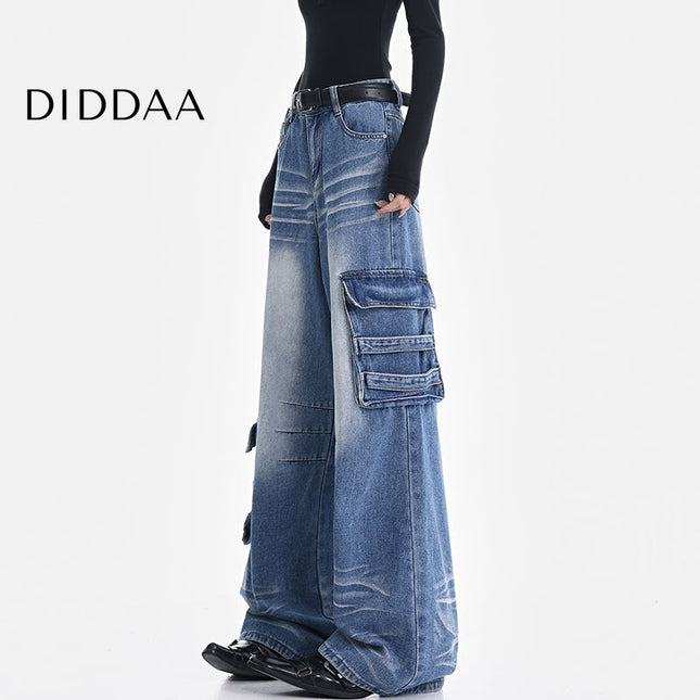 Vintage Blue Washed Multi-Pocket Cargo Jeans - S / Mid Blue - Women’s Jeans