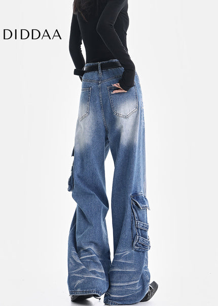 Vintage Blue Washed Multi-Pocket Cargo Jeans - Women’s Jeans