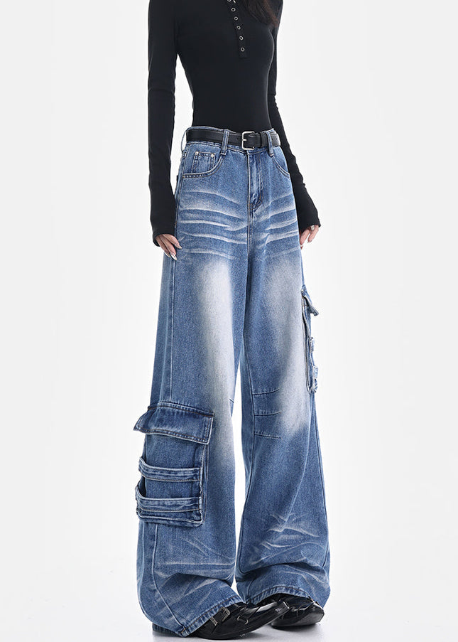 Vintage Blue Washed Multi-Pocket Cargo Jeans - Women’s Jeans