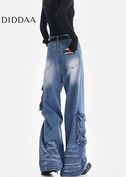 Vintage Blue Washed Multi-Pocket Cargo Jeans - Women’s Jeans