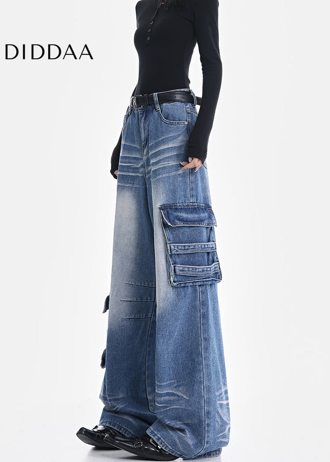 Vintage Blue Washed Multi-Pocket Cargo Jeans - Women’s Jeans