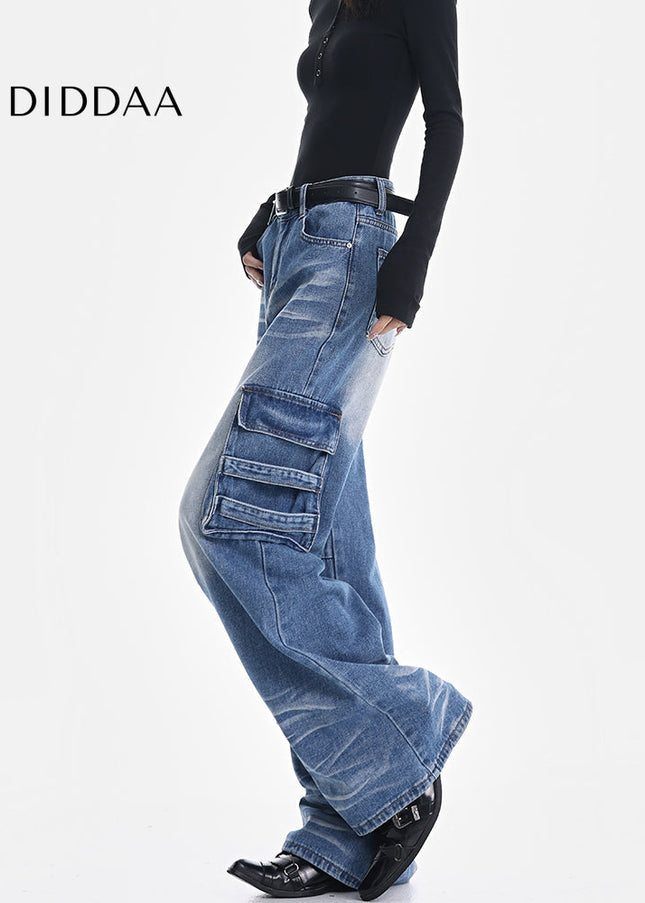 Vintage Blue Washed Multi-Pocket Cargo Jeans - Women’s Jeans