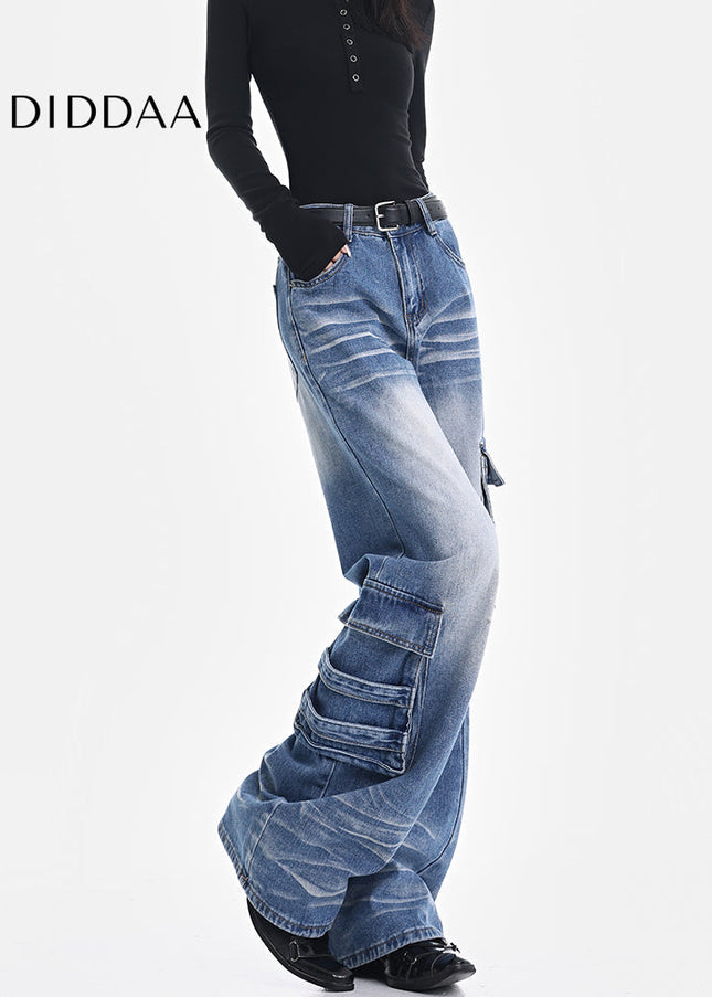 Vintage Blue Washed Multi-Pocket Cargo Jeans - Women’s Jeans
