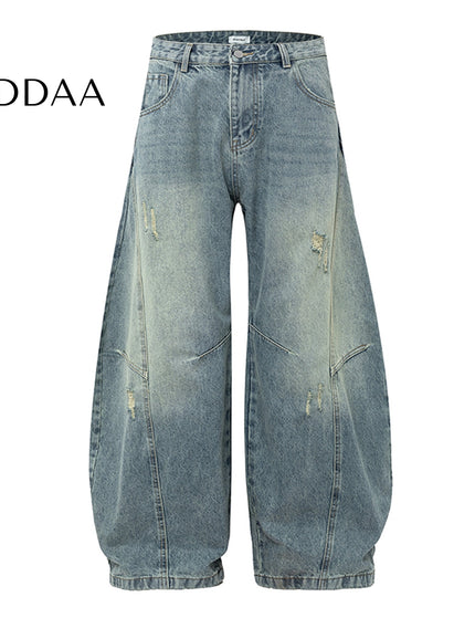 Vintage Wash Distressed Wide-Leg Banana Pants - S / Blue - Women’s Jeans