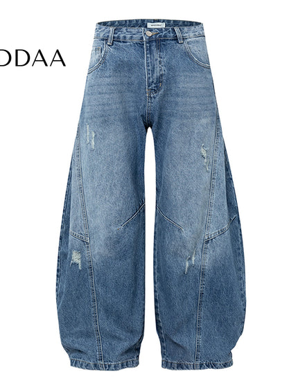 Vintage Wash Distressed Wide-Leg Banana Pants - S / Light Blue - Women’s Jeans