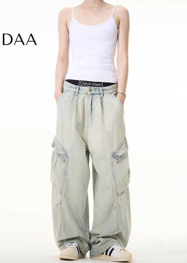 Vintage Wash Loose Fit Cargo Jeans for Men and Women - S / Light Blue - Men’s Jeans