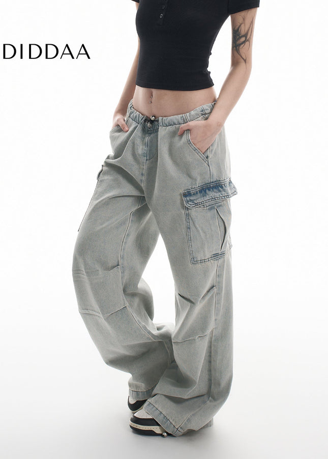 Vintage Washed Distressed Multi-Pocket Cargo Jeans - Women’s Jeans