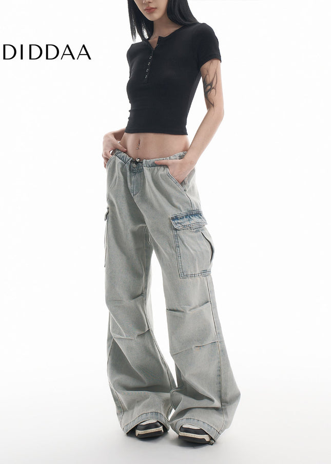 Vintage Washed Distressed Multi-Pocket Cargo Jeans - Women’s Jeans