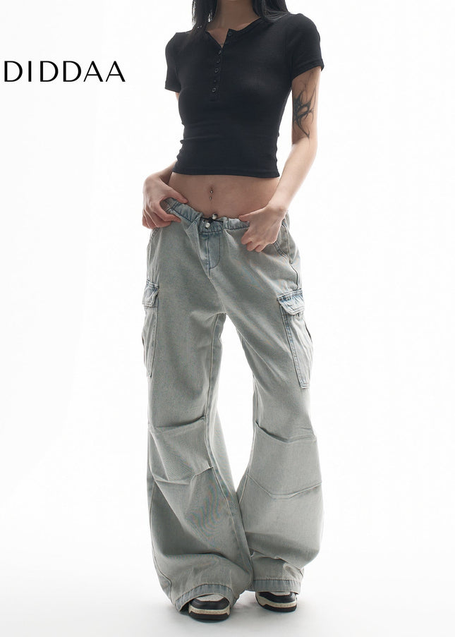 Vintage Washed Distressed Multi-Pocket Cargo Jeans - Women’s Jeans