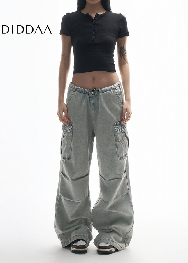 Vintage Washed Distressed Multi-Pocket Cargo Jeans - XS / Light Blue - Women’s Jeans