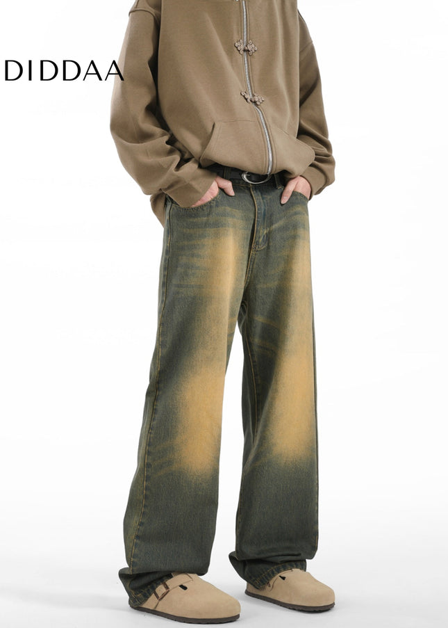 Vintage Yellow Clay Dye Loose Fit Jeans for Men - Men’s Jeans