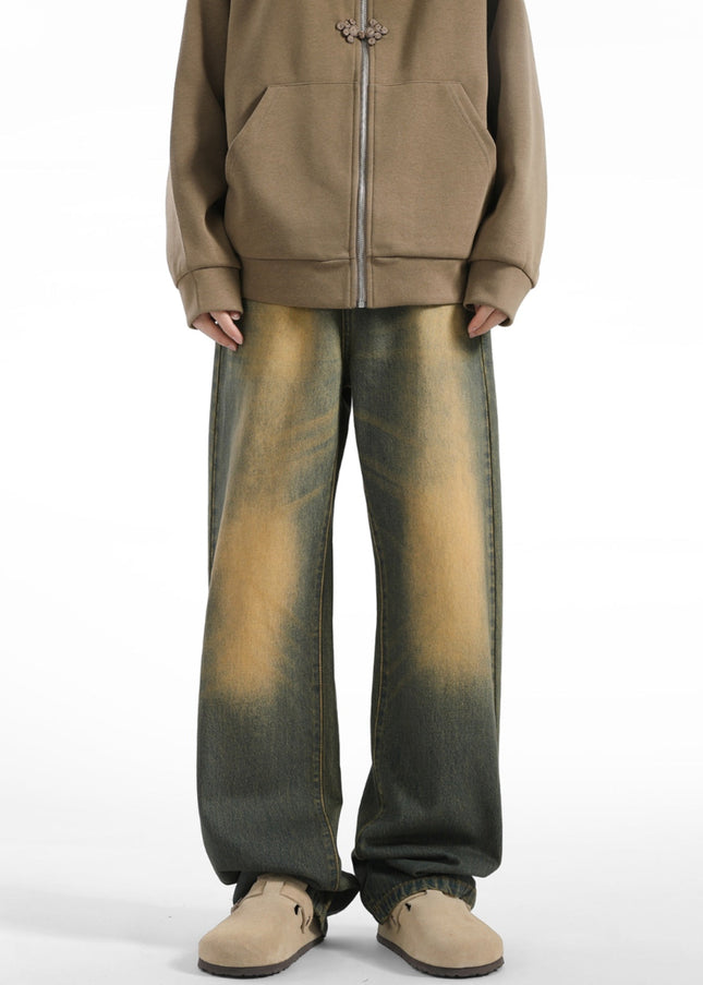 Vintage Yellow Clay Dye Loose Fit Jeans for Men - Men’s Jeans