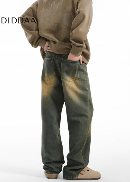 Vintage Yellow Clay Dye Loose Fit Jeans for Men - Men’s Jeans