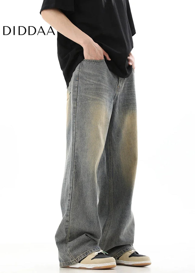 Vintage Yellow Distressed Loose Fit Wide Leg Jeans - Men’s Jeans