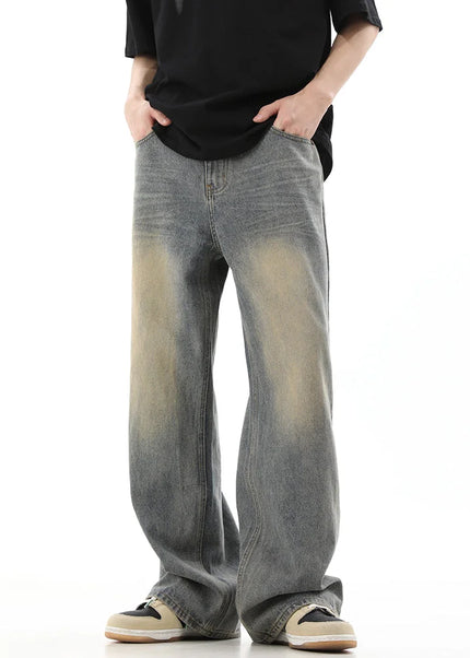 Vintage Yellow Distressed Loose Fit Wide Leg Jeans - Men’s Jeans