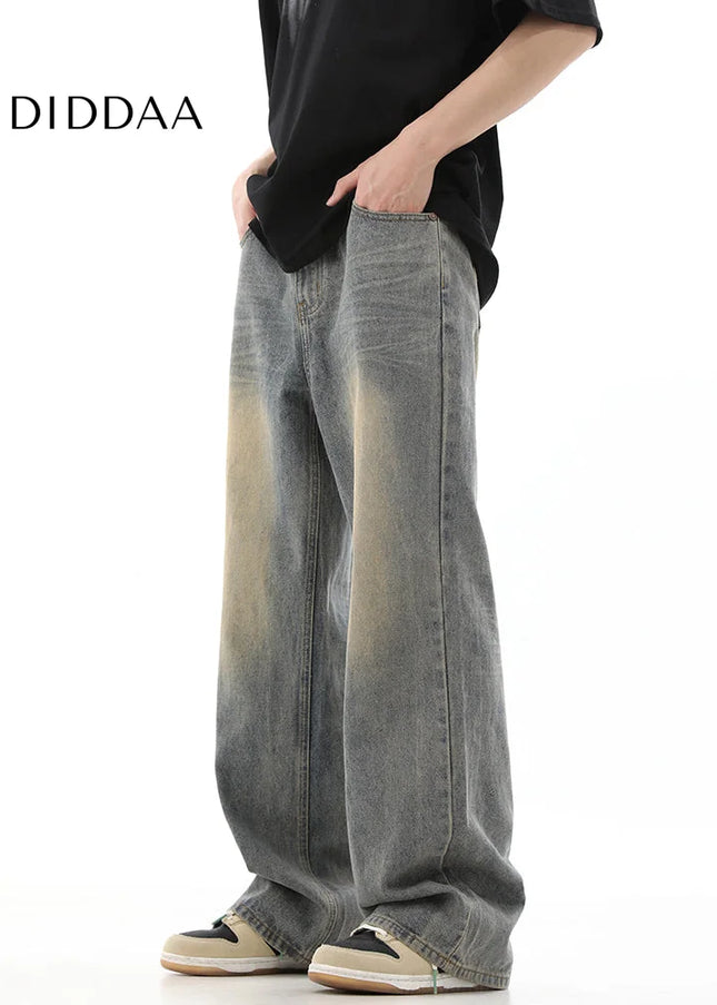 Vintage Yellow Distressed Loose Fit Wide Leg Jeans - Men’s Jeans