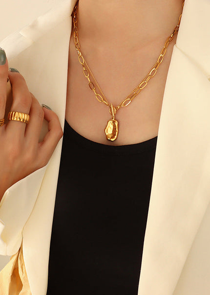European and American hip-hop style double-layer personality irregular pendant necklace titanium steel gold-plated niche temperament clavicle chain jewelry women