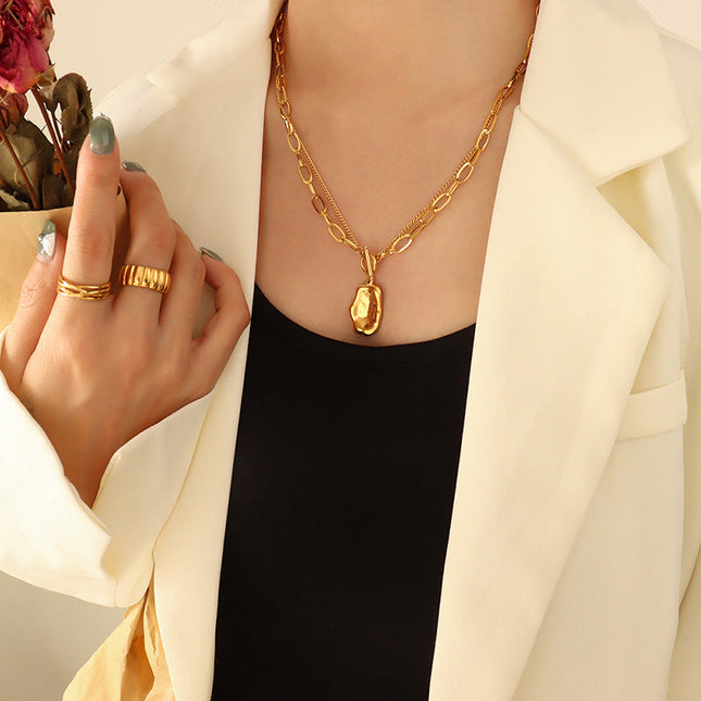 European and American hip-hop style double-layer personality irregular pendant necklace titanium steel gold-plated niche temperament clavicle chain jewelry women