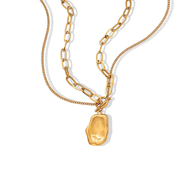 European and American hip-hop style double-layer personality irregular pendant necklace titanium steel gold-plated niche temperament clavicle chain jewelry women