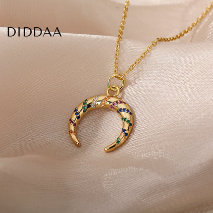 Votre Pendant Necklace | Gold Half Moon Colorful Stone Chain - Gold - Necklaces