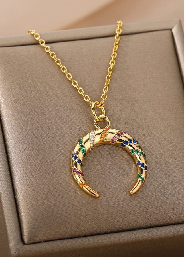 Votre Pendant Necklace | Gold Half Moon Colorful Stone Chain - Gold - Necklaces