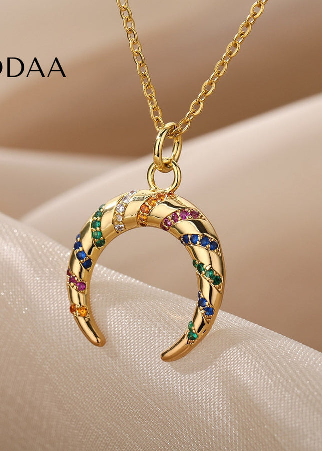 Votre Pendant Necklace | Gold Half Moon Colorful Stone Chain - Gold - Necklaces