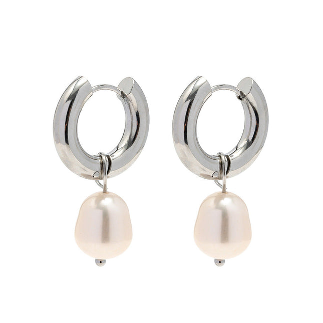 European and American fashion net red steel color INS style stainless steel earrings natural freshwater pearl pendant earrings women's earrings