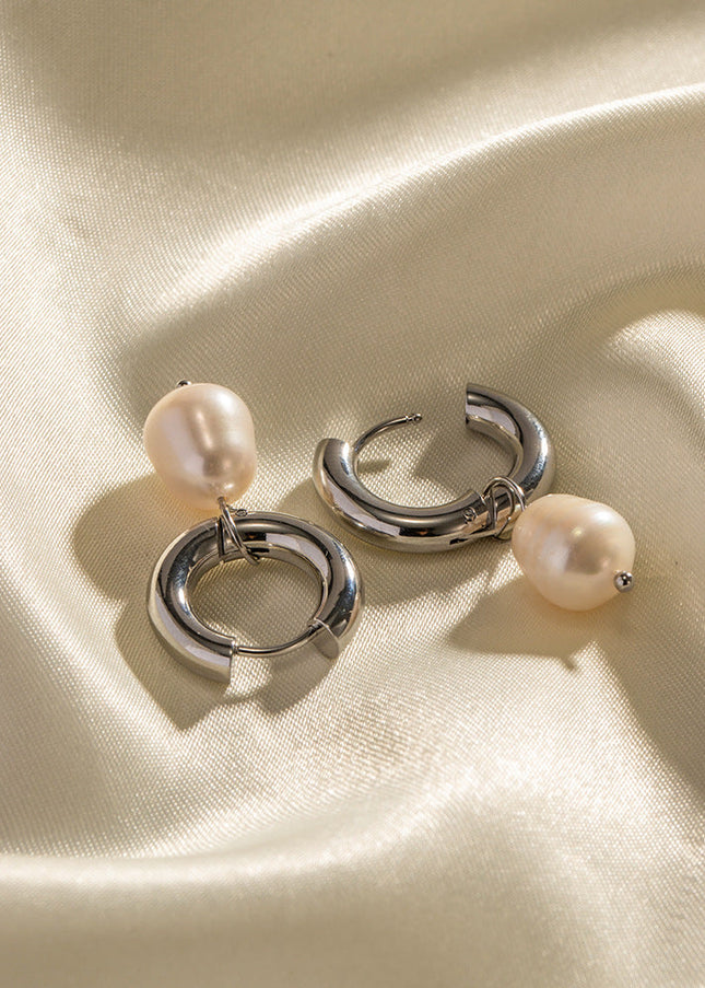 European and American fashion net red steel color INS style stainless steel earrings natural freshwater pearl pendant earrings women's earrings