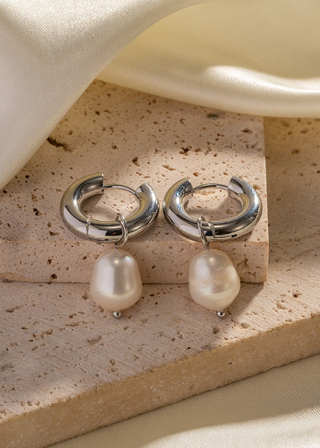 European and American fashion net red steel color INS style stainless steel earrings natural freshwater pearl pendant earrings women's earrings