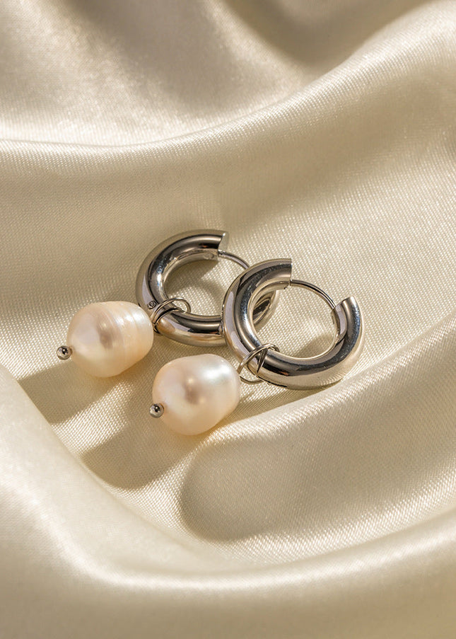 European and American fashion net red steel color INS style stainless steel earrings natural freshwater pearl pendant earrings women's earrings