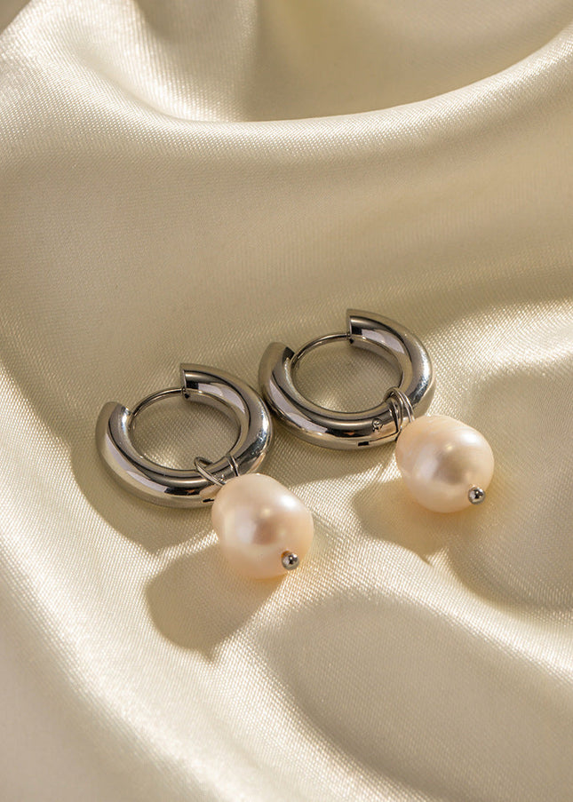 European and American fashion net red steel color INS style stainless steel earrings natural freshwater pearl pendant earrings women's earrings