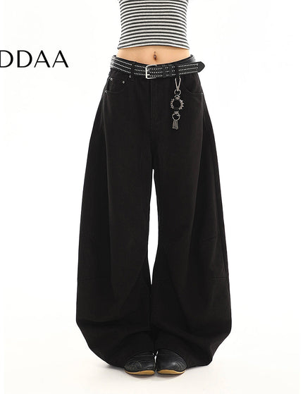 Washed Black Curved Design Loose Straight-Leg Jeans - S / Black - Women’s Jeans