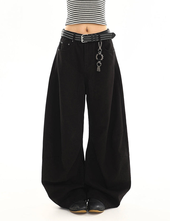 Washed Black Curved Design Loose Straight-Leg Jeans - Women’s Jeans