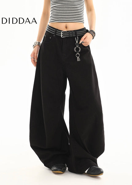 Washed Black Curved Design Loose Straight-Leg Jeans - Women’s Jeans