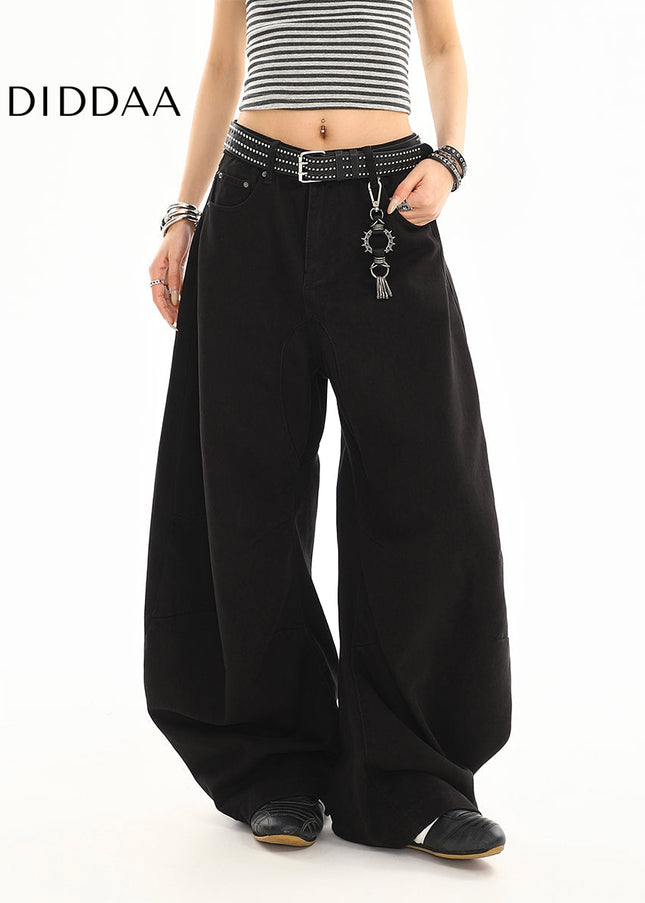 Washed Black Curved Design Loose Straight-Leg Jeans - Women’s Jeans