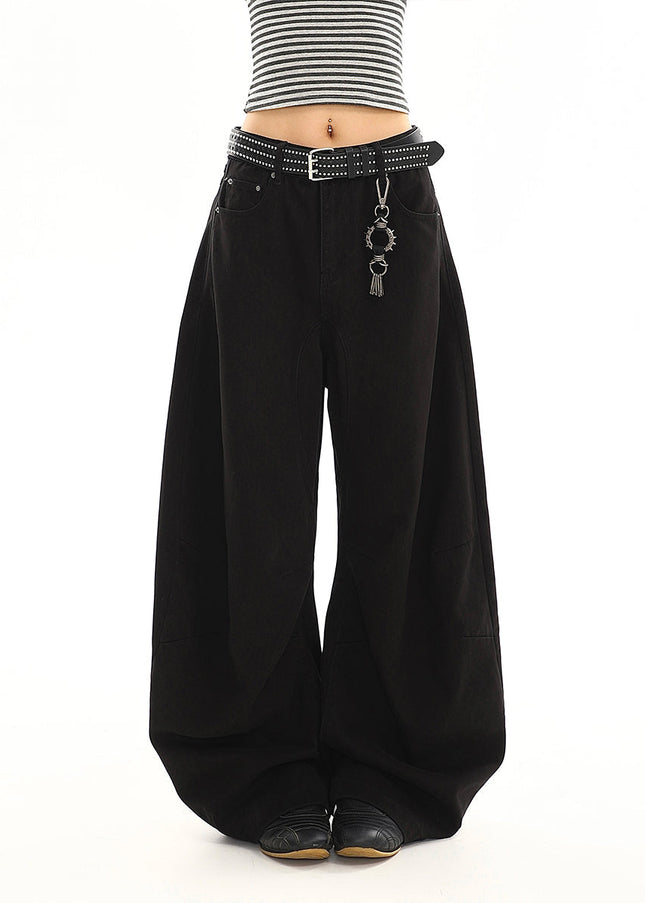 Washed Black Curved Design Loose Straight-Leg Jeans - Women’s Jeans