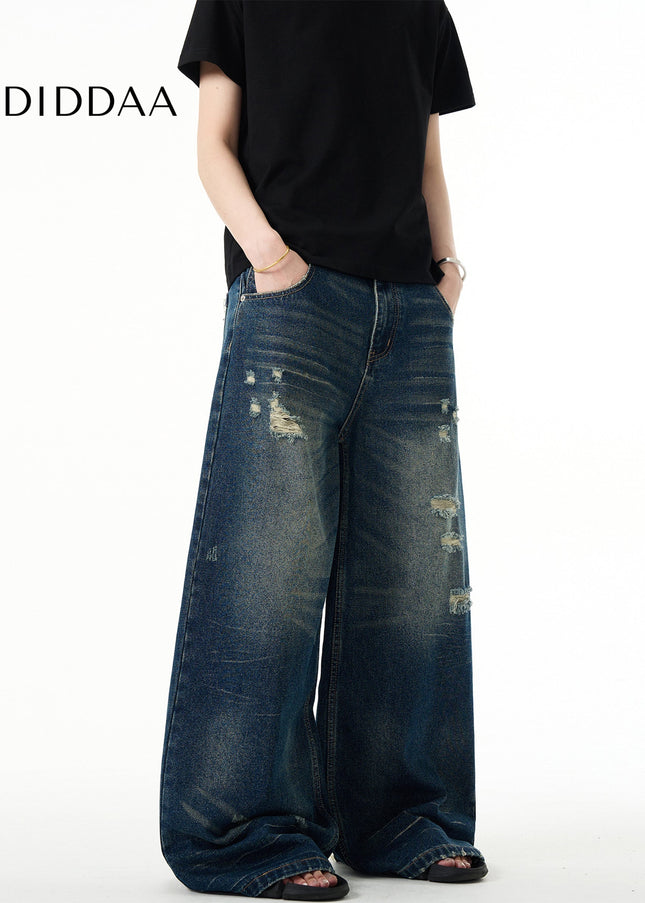 Washed Blue Baggy Ripped Wide Leg Jeans for All - Men’s Jeans